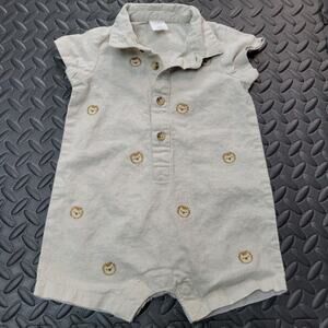 Baby Linen Romper Lion Print Neutral One Piece Size 6-9M Quiet Luxury Capsule